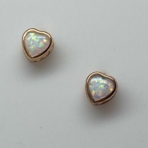 10K Yellow Gold Bezel Set Heart Shape Created Opal Stud Screwback Earrings NEW